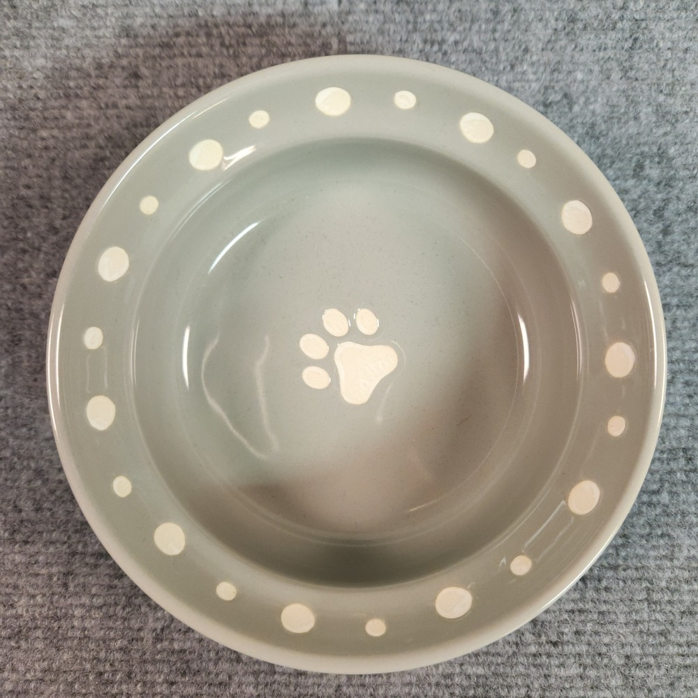 Signature Housewares Pet Bowl Grey Cream Polka Dot Paw Print Stoneware Small